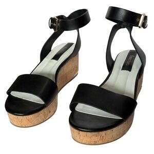 Franco Sarto Presley Leather Cork Platform Wedge Ankle Strap Sandals 9.5 Black